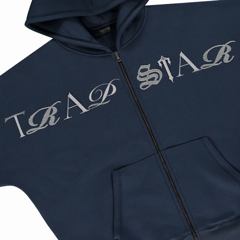 Dresy Trapstar Script Zip Hoodie Męskie Granatowe | Poland-352016