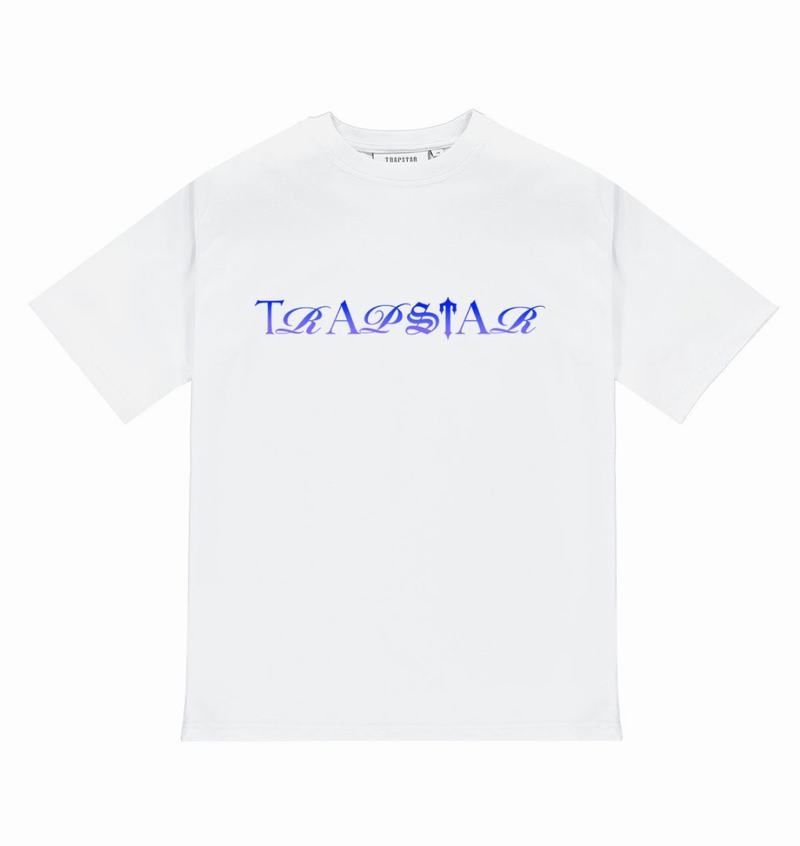 Koszulki Trapstar Script Fade Tee Męskie Białe Niebieskie | Poland-403625